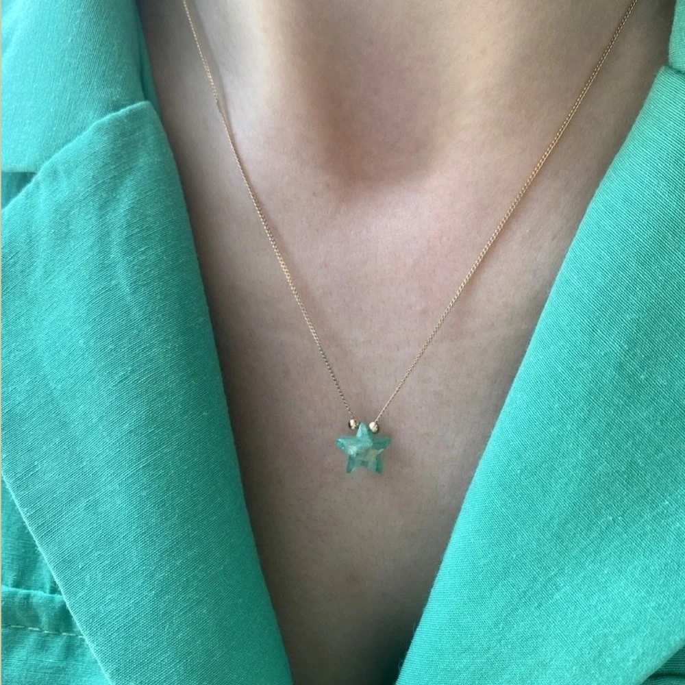 Star Necklace 18k Gold Plated Real Opal Stone Spring Green